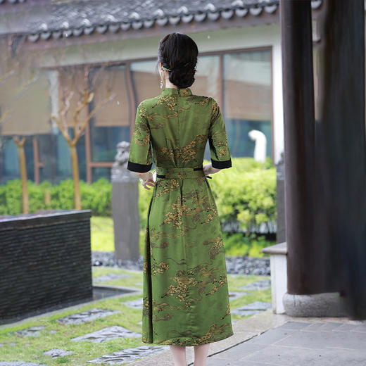 旗袍长款绿色旗袍连衣裙带复古长腰封飘带夏季新款旗袍 JLM2235 商品图1