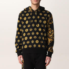 VERSACE JEANS COUTURE 范思哲 男士棉质金色logo印花长袖连帽卫衣 黑色 72GAI3H1 FS030 G89
