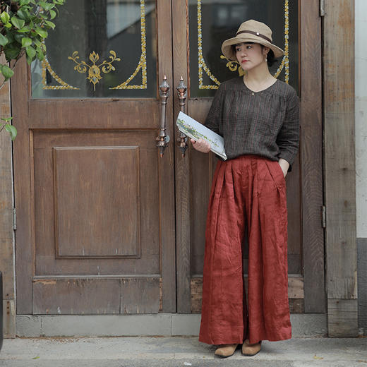 * 绽放406朵/2022夏季酒红色休闲裤塔克纯亚麻飘逸阔腿裤女武士裤4 商品图1