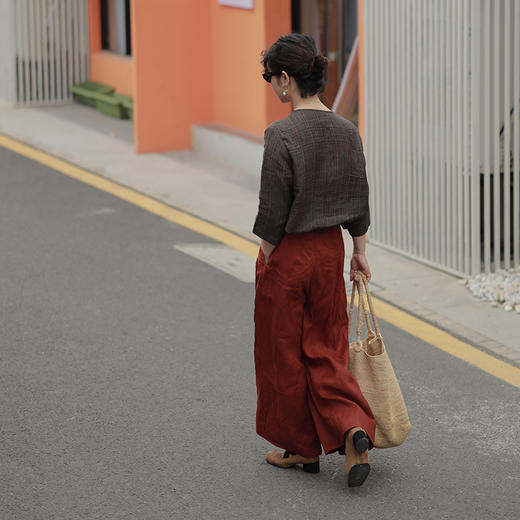 * 绽放406朵/2022夏季酒红色休闲裤塔克纯亚麻飘逸阔腿裤女武士裤4 商品图3