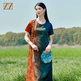 佐尔美2022夏季新款 红云纱香云纱桑蚕丝提花渐变连衣裙女E22LS76