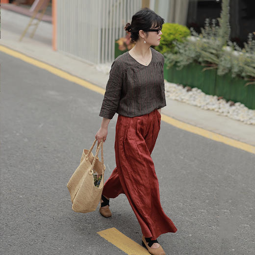 * 绽放406朵/2022夏季酒红色休闲裤塔克纯亚麻飘逸阔腿裤女武士裤4 商品图2