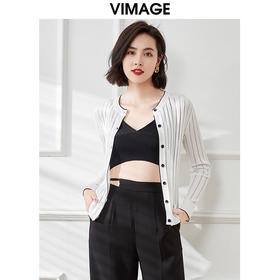 VIMAGE纬漫纪夏季新款白色百搭修身显瘦通勤简约针织开衫上衣V1701323