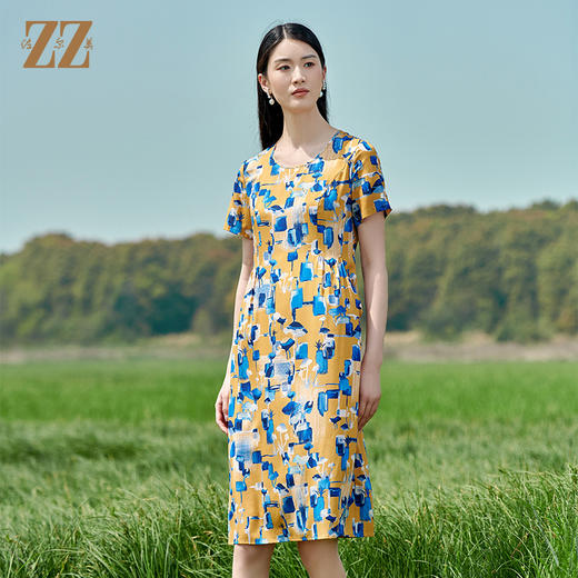 佐尔美2022夏季新款 桑蚕丝真丝弹力斜纹绸连衣裙女E22LS47 商品图0