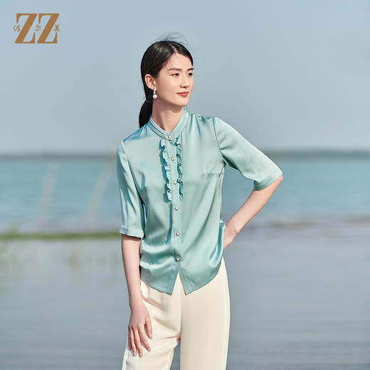 佐尔美夏季新款 桑蚕丝真丝纯色弹力双乔衬衣女E22CS13 商品图2