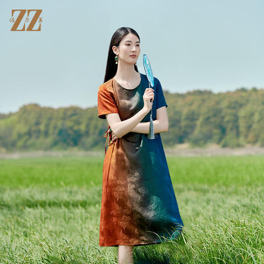 佐尔美2022夏季新款 红云纱香云纱桑蚕丝提花渐变连衣裙女E22LS76 商品图3