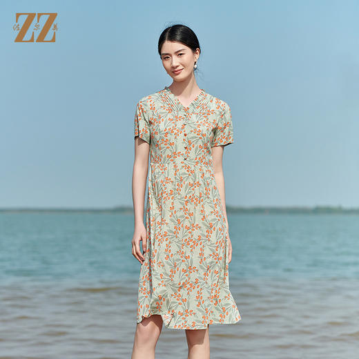 佐尔美2022夏季新款 桑蚕丝真丝弹力双绉小碎花连衣裙女E22LS32 商品图3