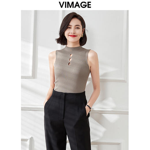VIMAGE纬漫纪夏季新款气质半高领镂空无袖修身打底针织衫上衣V1701324 商品图2