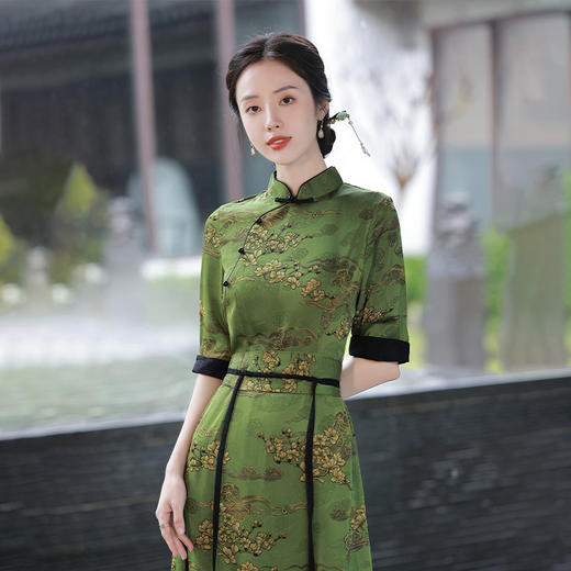 旗袍长款绿色旗袍连衣裙带复古长腰封飘带夏季新款旗袍 JLM2235 商品图2