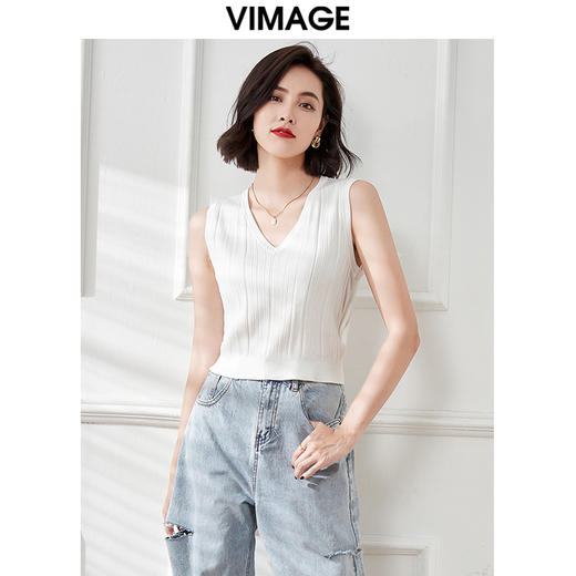 VIMAGE纬漫纪夏季新款v领短款显瘦百搭打底背心针织衫上衣2V1701322 商品图1
