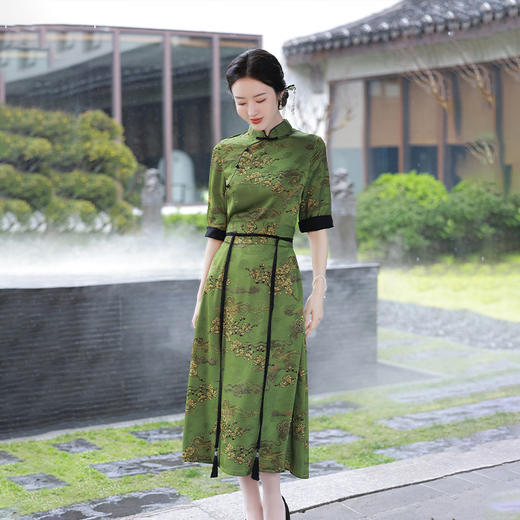 旗袍长款绿色旗袍连衣裙带复古长腰封飘带夏季新款旗袍 JLM2235 商品图0