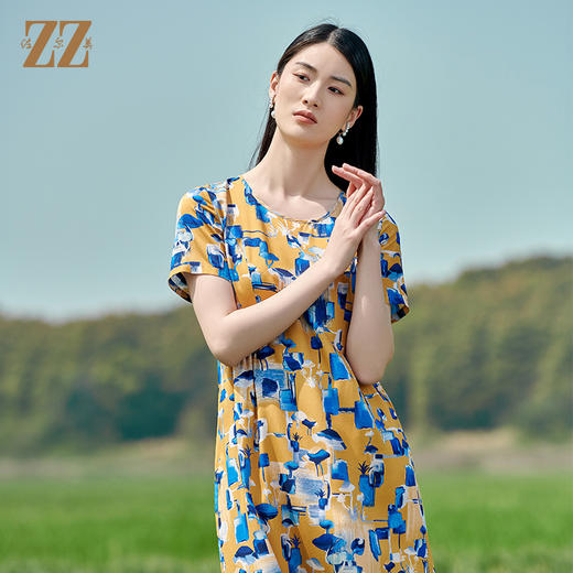 佐尔美2022夏季新款 桑蚕丝真丝弹力斜纹绸连衣裙女E22LS47 商品图1