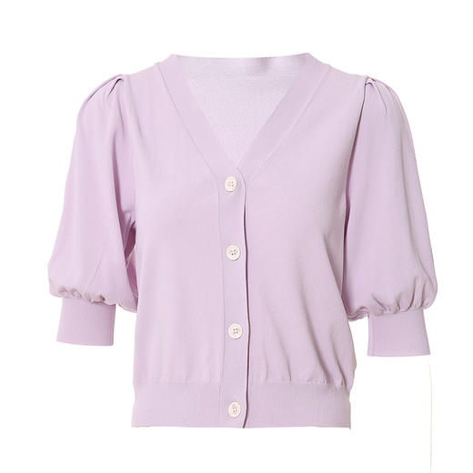 VIMAGE纬漫纪夏季新款V领显瘦短款泡泡袖淡紫色针织开衫上衣V1701325 商品图4