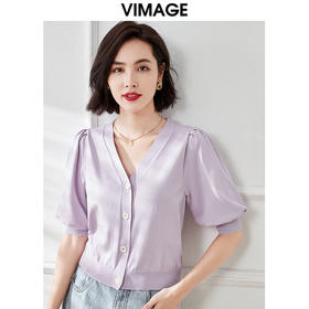 VIMAGE纬漫纪夏季新款V领显瘦短款泡泡袖淡紫色针织开衫上衣V1701325