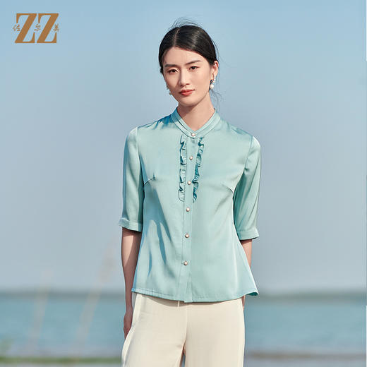 佐尔美夏季新款 桑蚕丝真丝纯色弹力双乔衬衣女E22CS13 商品图3