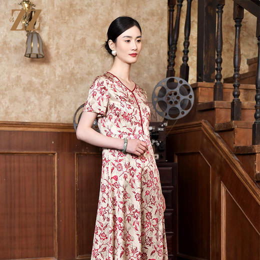 佐尔美2022夏季新款 桑蚕丝真丝弹力缎小碎花连衣裙女E22LS68 商品图1