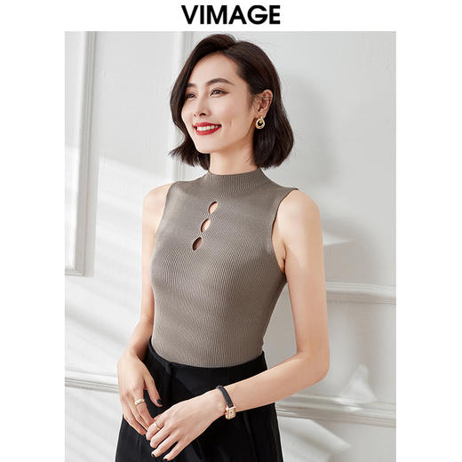 VIMAGE纬漫纪夏季新款气质半高领镂空无袖修身打底针织衫上衣V1701324 商品图1