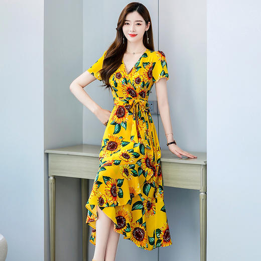 新款花朵连衣裙法式短袖V领雪纺修身高腰显瘦长裙大码HAYR72161 商品图5