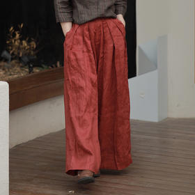 * 绽放406朵/2022夏季酒红色休闲裤塔克纯亚麻飘逸阔腿裤女武士裤4