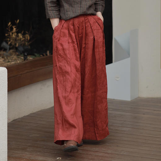 * 绽放406朵/2022夏季酒红色休闲裤塔克纯亚麻飘逸阔腿裤女武士裤4 商品图0