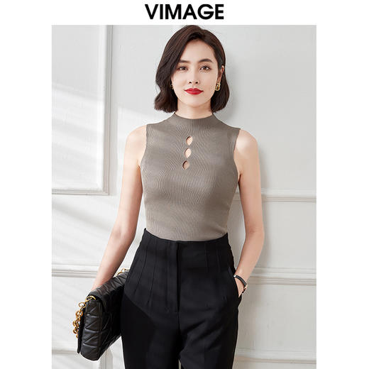 VIMAGE纬漫纪夏季新款气质半高领镂空无袖修身打底针织衫上衣V1701324 商品图0