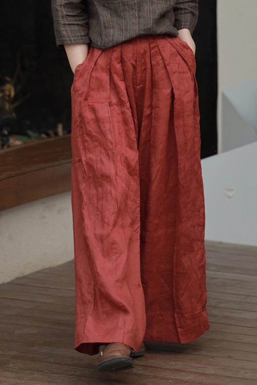 * 绽放406朵/2022夏季酒红色休闲裤塔克纯亚麻飘逸阔腿裤女武士裤4 商品图5