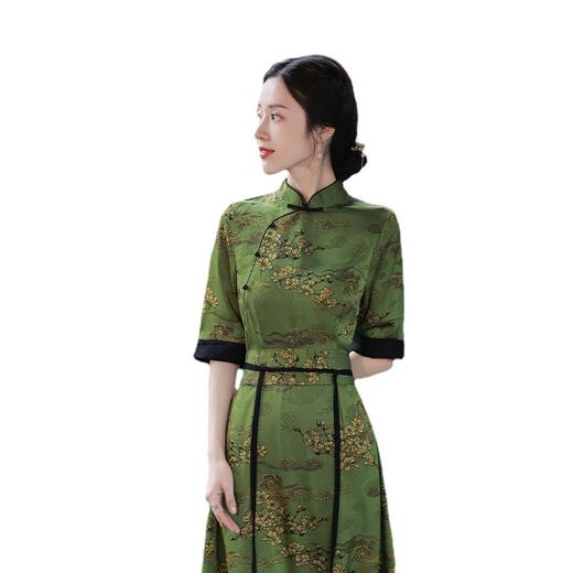 旗袍长款绿色旗袍连衣裙带复古长腰封飘带夏季新款旗袍 JLM2235 商品图4