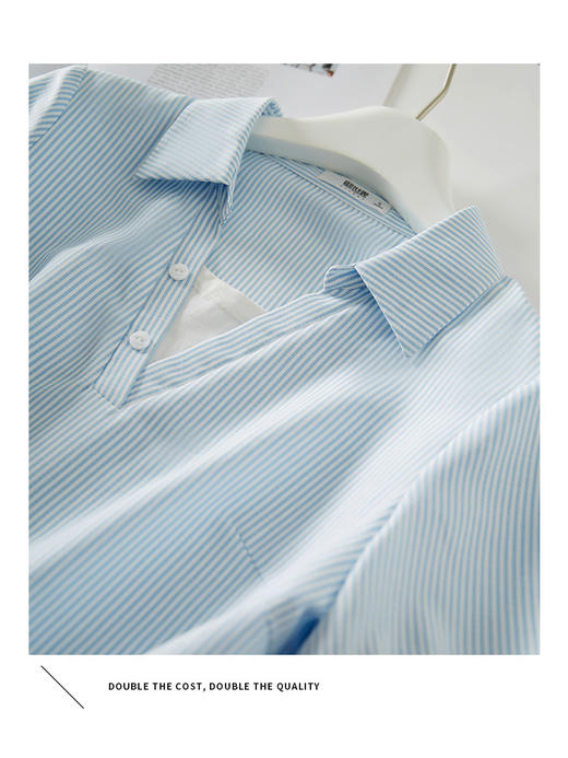 【五折购】熙世界浅蓝色条纹衬衫女夏短袖新款法式假两件翻领短袖衬衣 商品图3