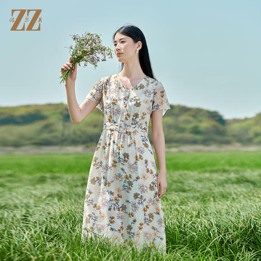 佐尔美2022夏季新款 桑蚕丝真丝乔其小碎花甜美连衣裙女E22LS36 商品图0