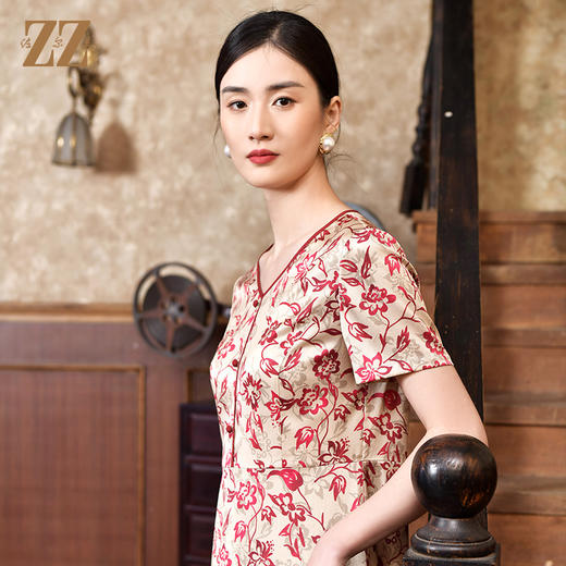 佐尔美2022夏季新款 桑蚕丝真丝弹力缎小碎花连衣裙女E22LS68 商品图3