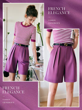 欧芮儿OLrain法式紫色休闲裤女夏季2022年新款气质阔腿西装短裤