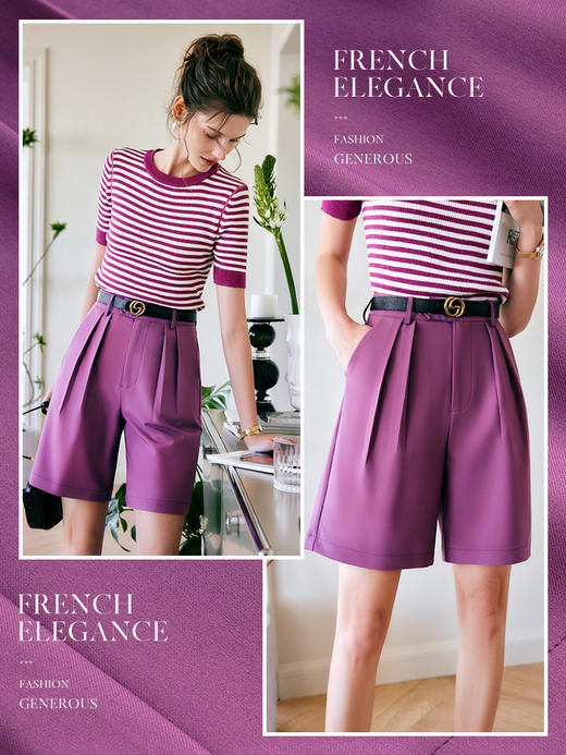 欧芮儿OLrain法式紫色休闲裤女夏季2022年新款气质阔腿西装短裤 商品图0