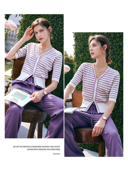 欧芮儿条纹针织开衫女夏季2022年新款时尚复古拉链冰爽丝V领上衣 商品图1