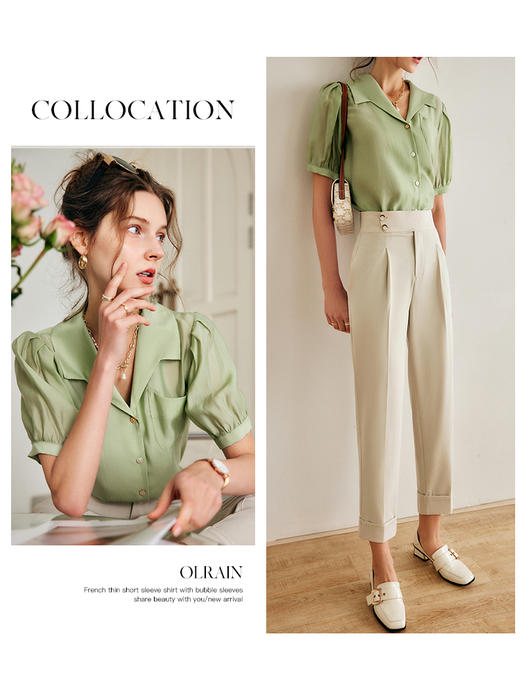 OLrain法式高级穿搭绿色天丝衬衫女夏季2022年新款泡泡袖薄款衬衣 商品图1