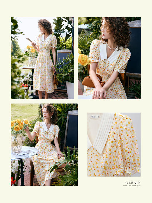 OLrain法式高级穿搭碎花连衣裙女夏季2022新款设计感泡泡袖茶歇裙 商品图2