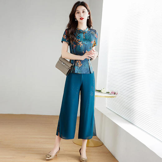 YW-TB-FC1711  2022夏新款修身气质优雅高档短袖雪纺衫休闲长裤 商品图2