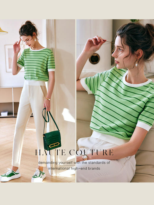 OLrain法式高级穿搭条纹针织衫女夏季2022年新款圆领修身薄款上衣 商品图2