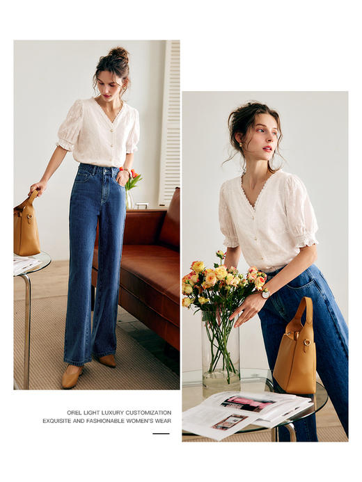 欧芮儿OLrain法式V领白色衬衫女夏季2022泡泡袖短袖设计感衬衣 商品图0