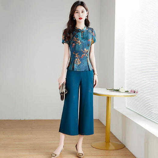 YW-TB-FC1711  2022夏新款修身气质优雅高档短袖雪纺衫休闲长裤 商品图4