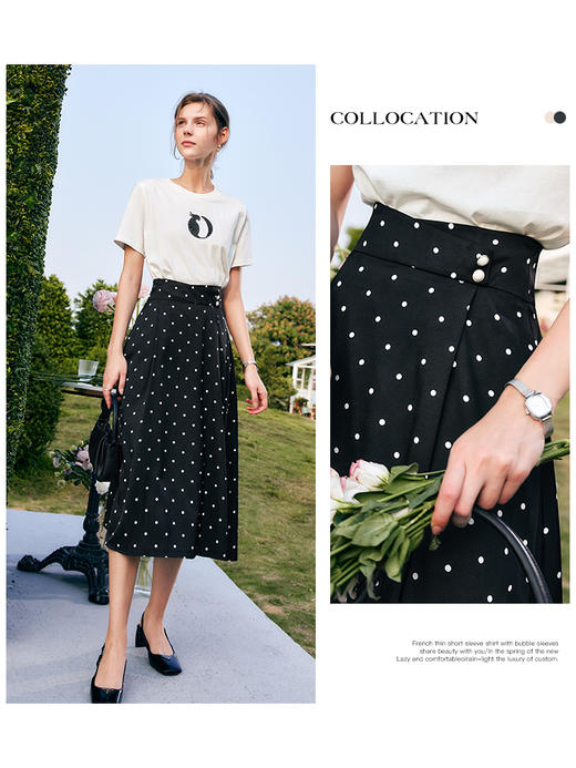 欧芮儿OLrain法式波点半身裙女夏季2022新款复古赫本风a字中长裙 商品图1