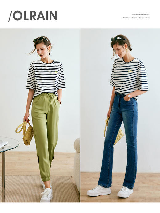 欧芮儿黑白条纹t恤女夏季2022新款宽松时尚休闲减龄印花针织上衣 商品图2