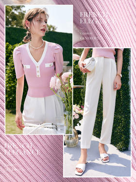 OLrain法式高级穿搭小香风针织衫女夏季2022年新款泡泡袖V领上衣