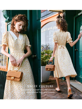 OLrain法式高级穿搭碎花连衣裙女夏季2022新款设计感泡泡袖茶歇裙