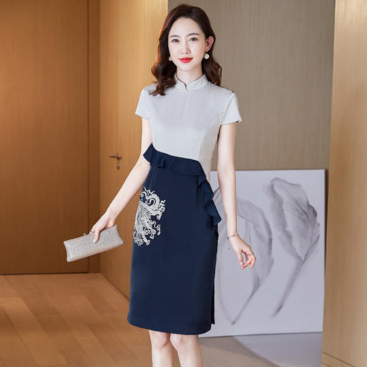 婚宴装妈妈装礼服2022新款时尚拼接双开叉裙子喜婆婆高贵连衣裙夏 商品图4