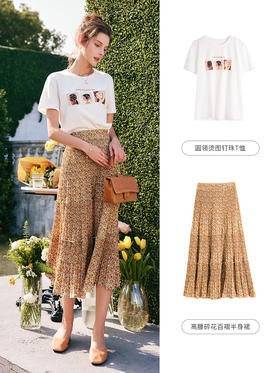 欧芮儿白色短袖t恤女夏季2022新款宽松显瘦时尚印花钉珠纯棉上衣