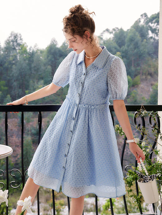 OLrain法式高级穿搭连衣裙女夏季2022年新款收腰蕾丝泡泡袖裙子 商品图2