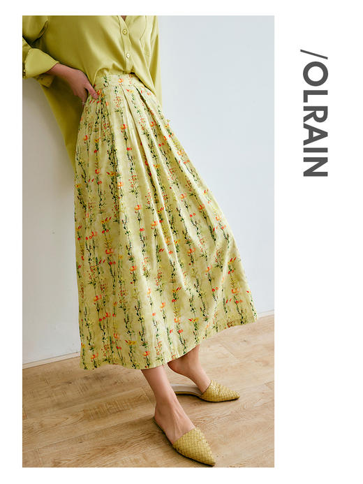 欧芮儿碎花半身裙女夏季2022年新款高腰法式复古百褶中长款裙子 商品图3