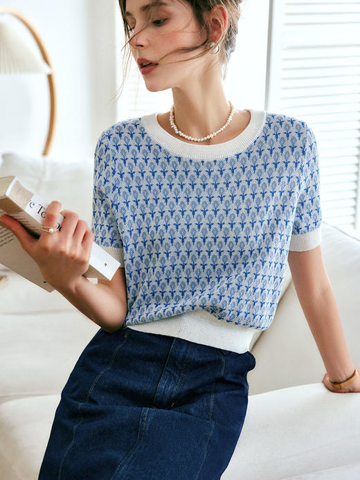 欧芮儿OLrain法式高级菱格提花针织衫女夏季2022新款冰爽套头衫 商品图2