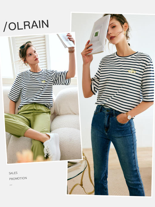 欧芮儿黑白条纹t恤女夏季2022新款宽松时尚休闲减龄印花针织上衣 商品图1