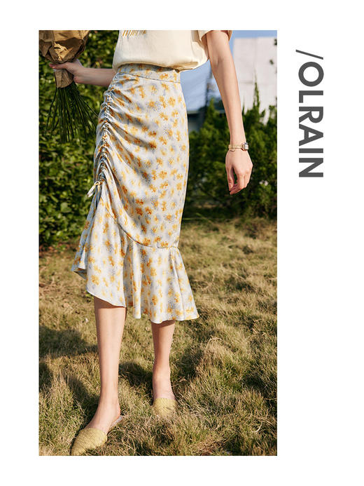 欧芮儿OLrain法式碎花半身裙女夏2022高腰不规则鱼尾裙中长款包裙 商品图3